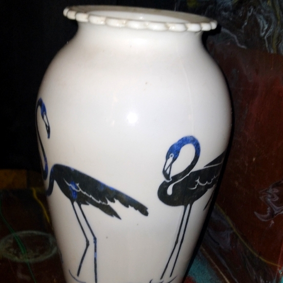 Vintage Glazed Porcelain Flamingo Vase Art Deco 80s Boujee Boho Decor Floral